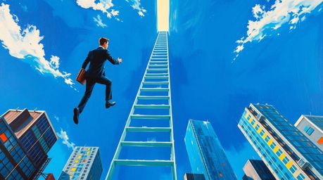 A vibrant, bold acrylic painting depicts a businessperson ascending a transparent ladder disappearing into a blue sky above s