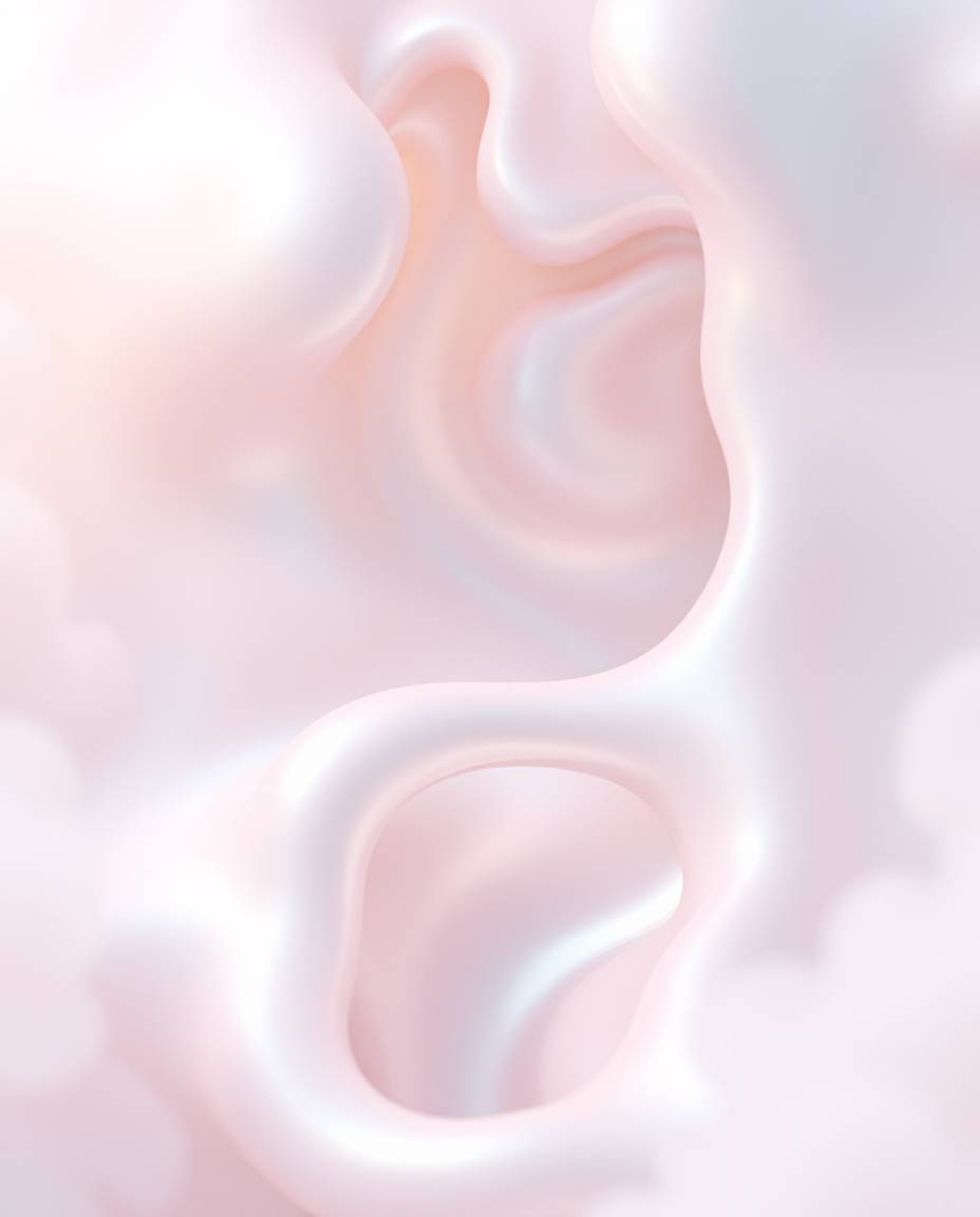 Immerse yourself in a soft, dreamy atmosphere featuring smooth 3D fluid shapes with metallic textures bathed in hazy, soft li