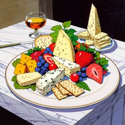 An exquisite still life showcases a beautifully arranged plate of gourmet cheese, fresh fruits, and crisp crackers, elegantly