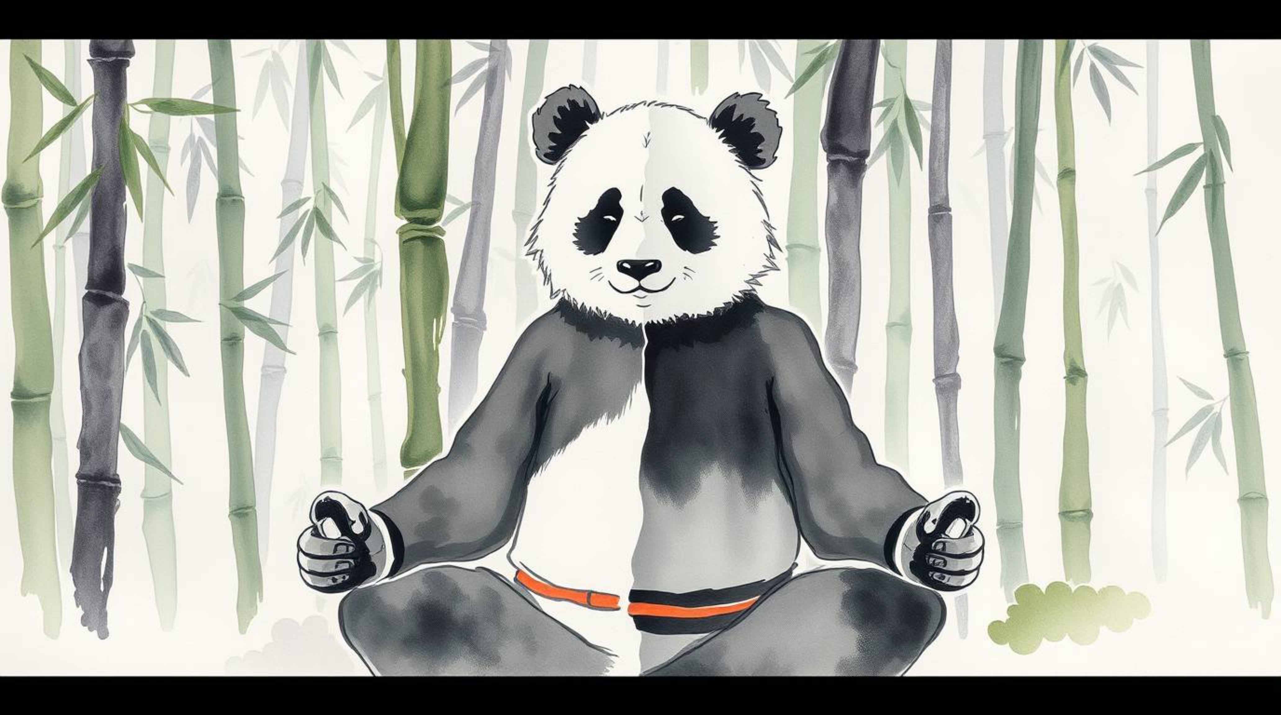 A delicate watercolor painting presents a martial artist panda meditating peacefully in a bamboo forest. The artwork features