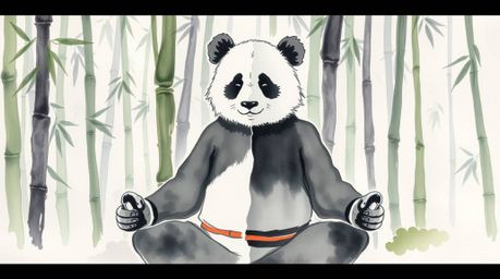 A delicate watercolor painting presents a martial artist panda meditating peacefully in a bamboo forest. The artwork features