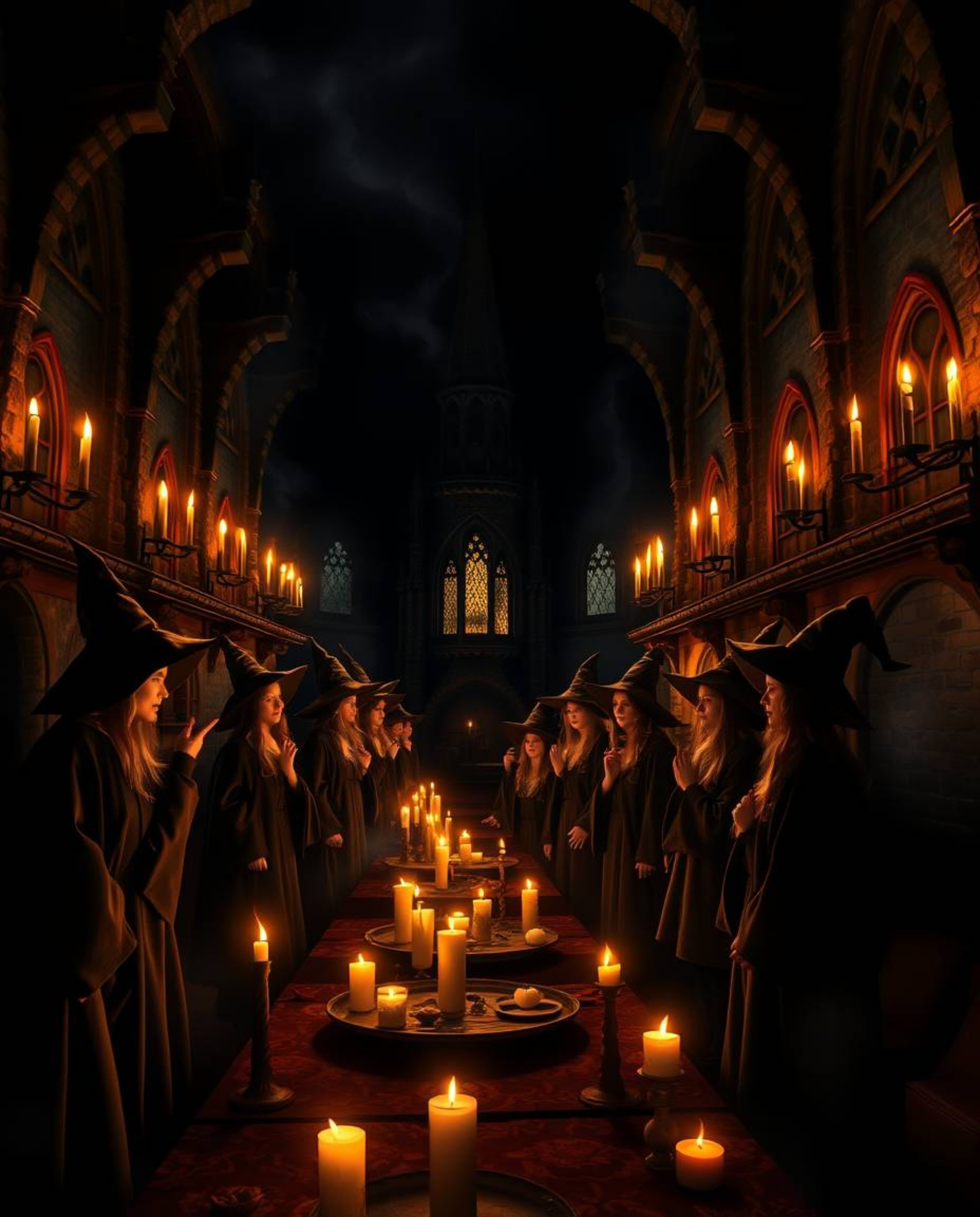 Step into a magical school brimming with young wizards, bathed in the warm glow of candlelight against an intense jet black b