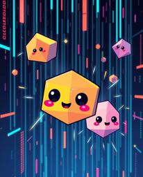 A charming and cute illustration showcasing glitched geometric shapes gracefully floating within a cyberspace matrix. Rendere