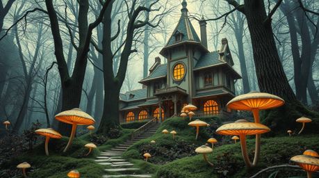 Explore a vintage-style enchanted forest captured in a precise architectural color photograph. This scene showcases glowing