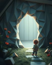 A young child with rosy cheeks and curious eyes stumbles upon a mesmerizing, shimmering portal in their backyard, meticulousl
