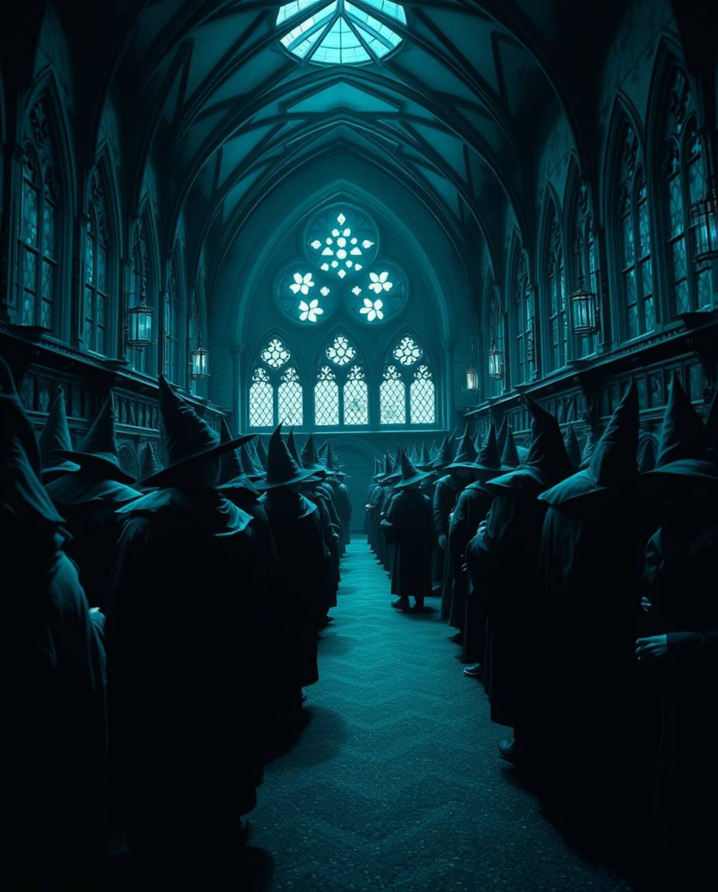 Explore a mesmerizing, high-contrast, low-key image of a magical school teeming with young wizards. Rendered in rich, deep te