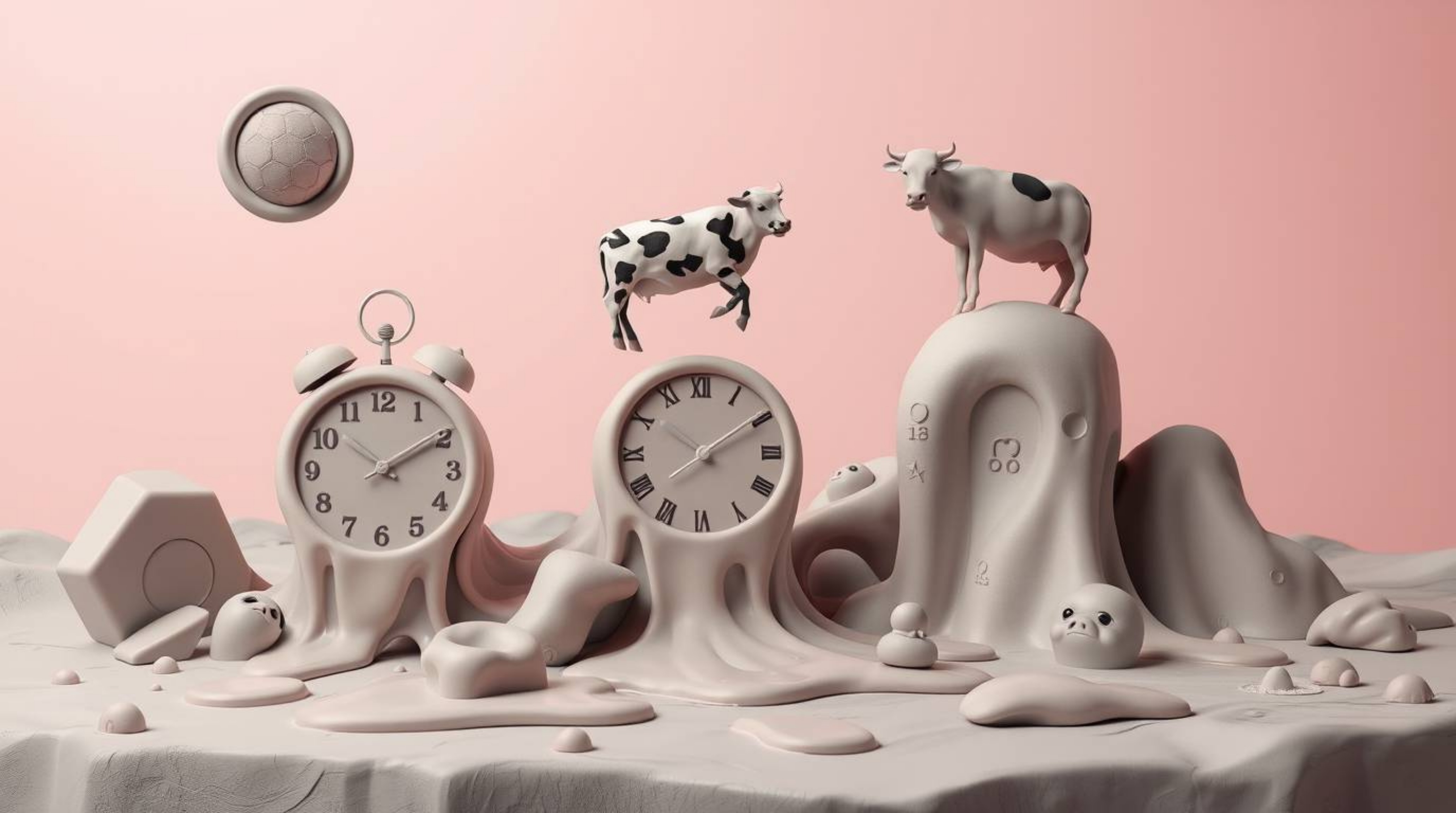 A captivating surreal dreamscape sculpted from smooth clay features melting clocks and floating cows.  Seamless gradient tran