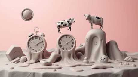 A captivating surreal dreamscape sculpted from smooth clay features melting clocks and floating cows.  Seamless gradient tran
