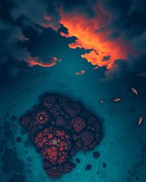 A strong, moody style illustration captures a colorful sky over a coral reef at low tide from an overhead bird's eye view. Th