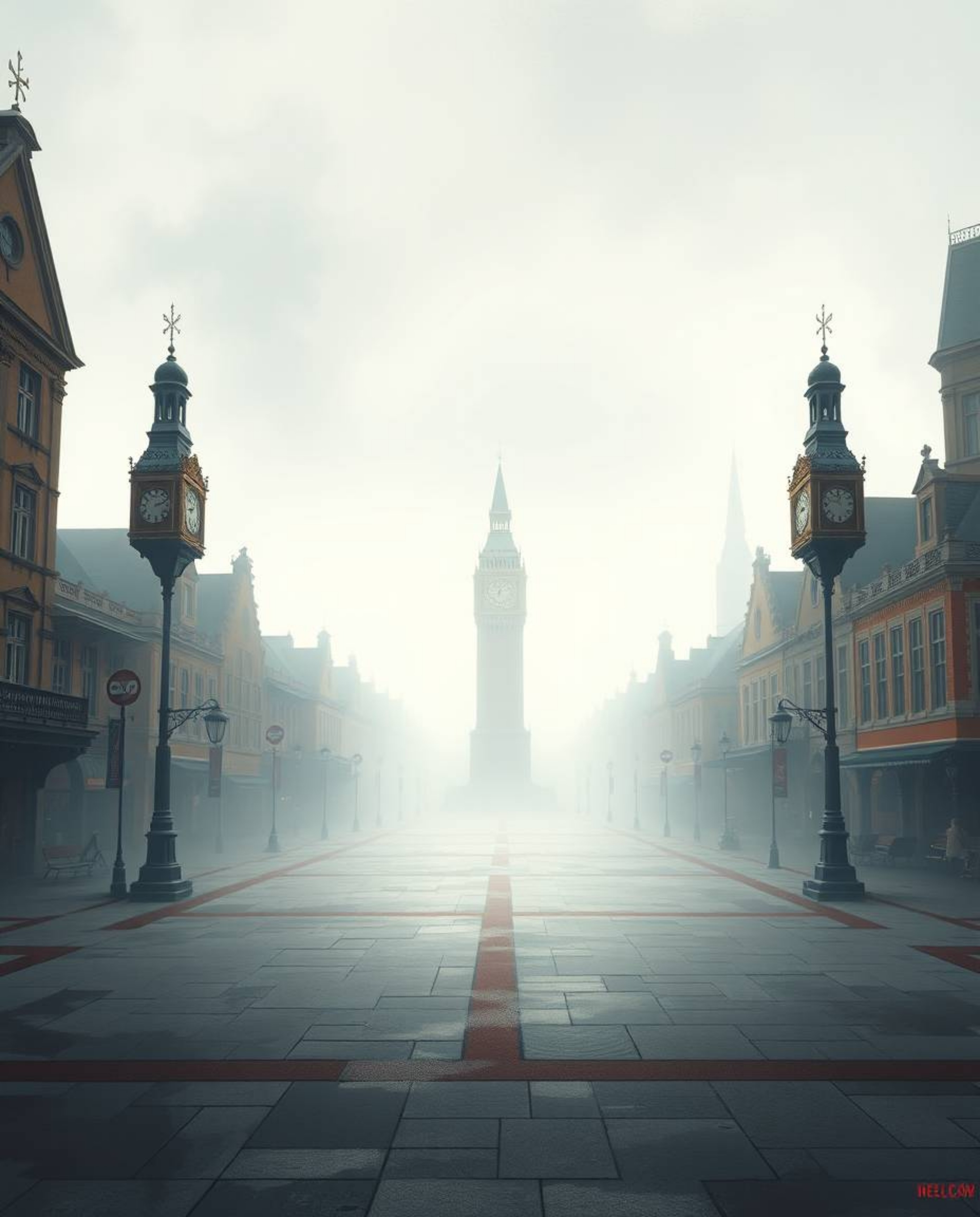 A digitally painted image depicts an empty town square shrouded in thick fog, segmented into distinct areas.  Large, ticking 