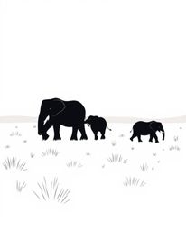 Classic black and white modern flat design illustration of elephants walking across a sunset field. Simple, two-dimensional s