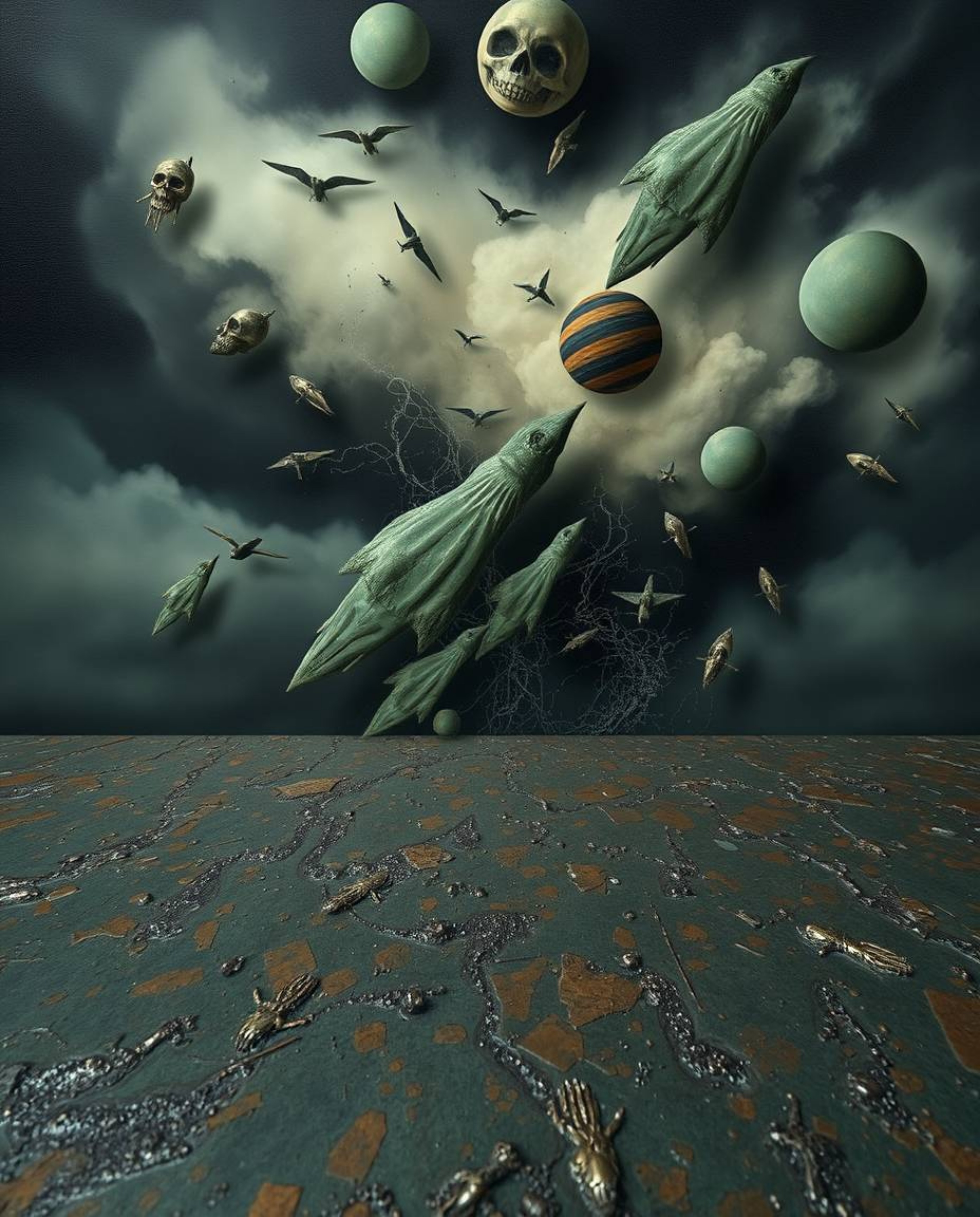 Experience a surreal and unsettling scene featuring a cast bronze surface under a dark and eerie atmosphere. Witness a storm 
