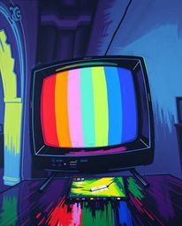A bold acrylic painting captures a low-angle perspective of a TV screen displaying RGB-separated glitch static.  The retro st