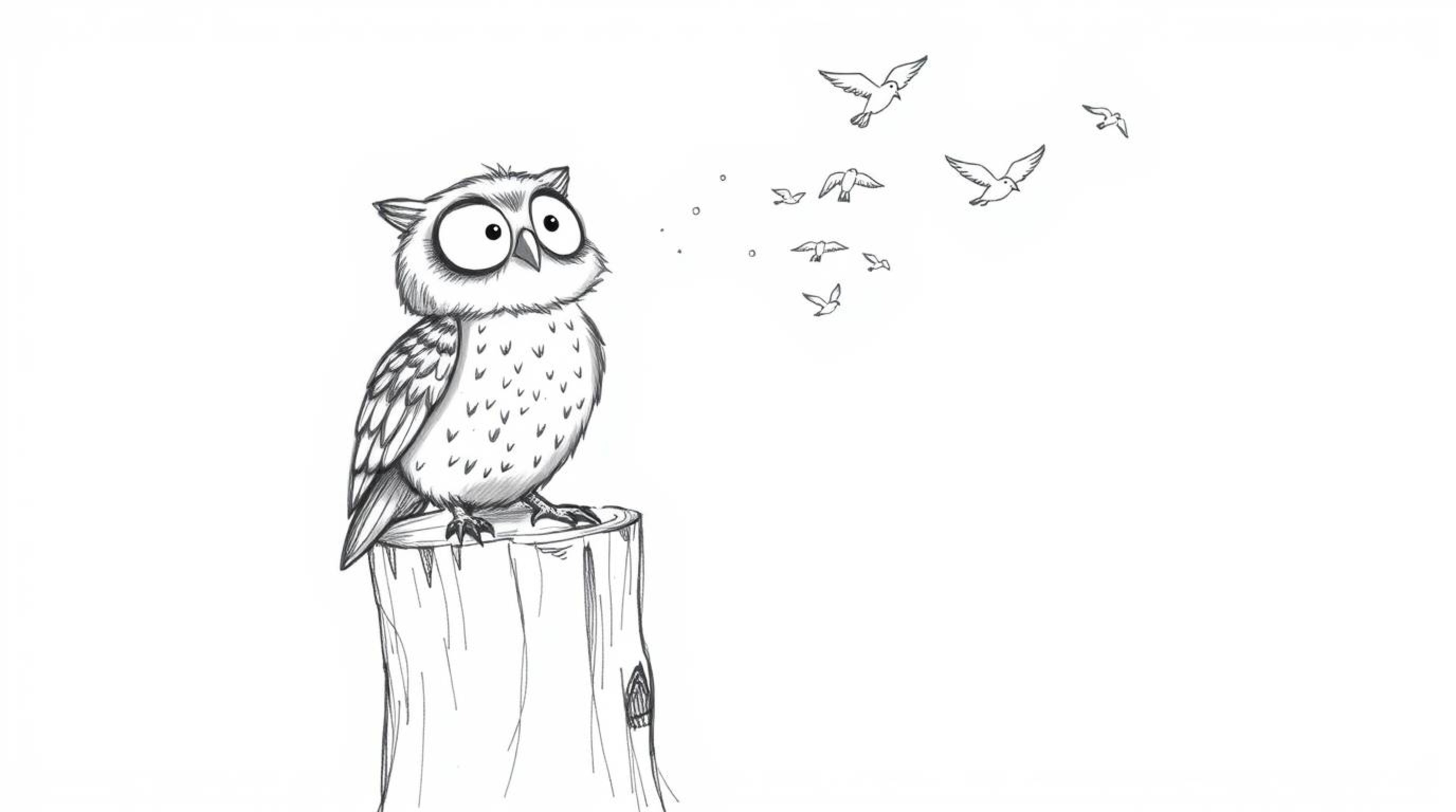 A whimsical, hand-drawn sketch in the style of Pixar showcases a blind owl with expressive eyes and fluffy feathers, perched 