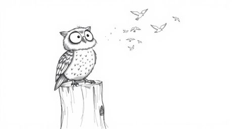 A whimsical, hand-drawn sketch in the style of Pixar showcases a blind owl with expressive eyes and fluffy feathers, perched 