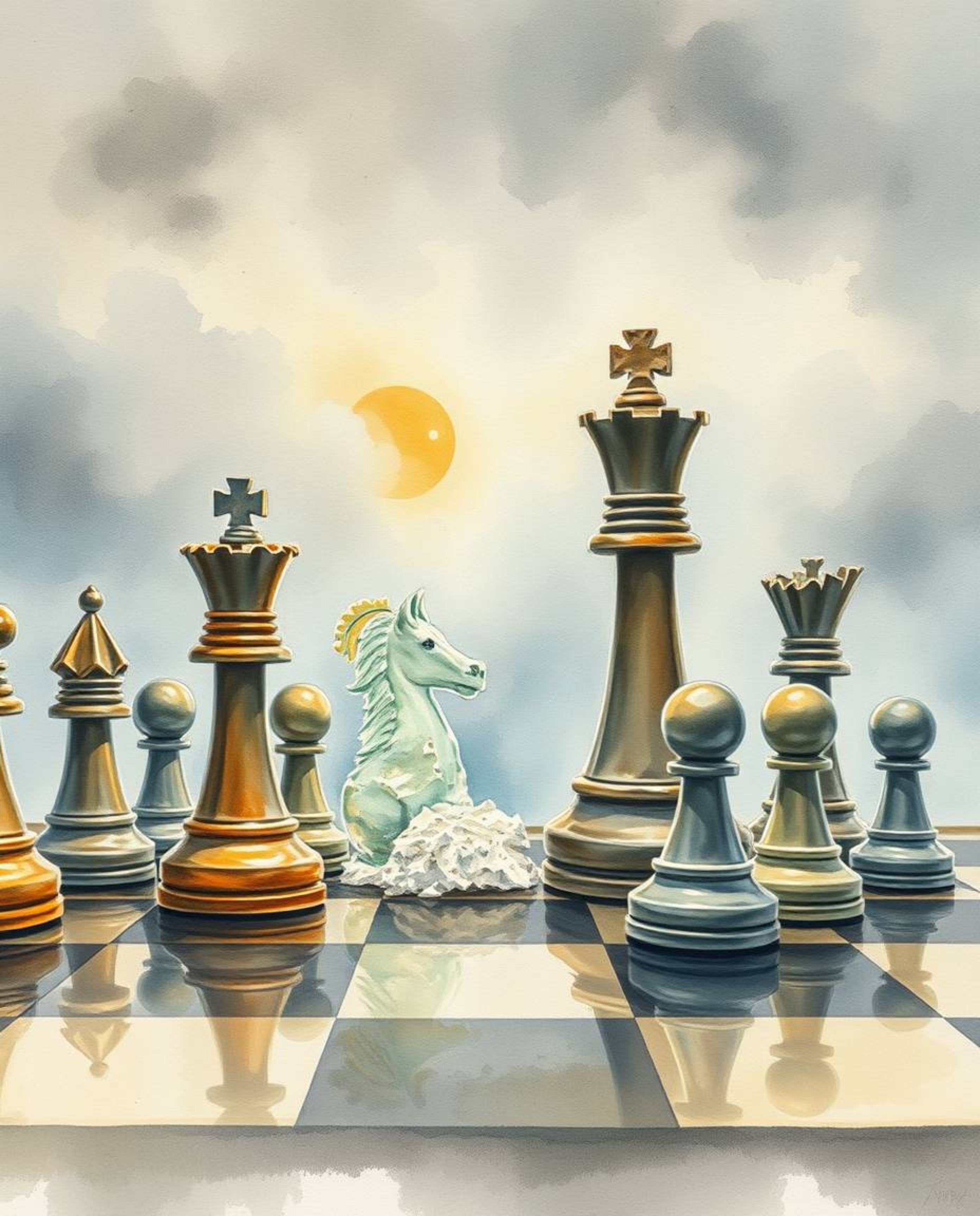 This stunning watercolor painting captures a chessboard frozen in a moment of dramatic destruction. Translucent washes and fl
