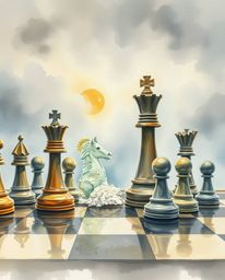 This stunning watercolor painting captures a chessboard frozen in a moment of dramatic destruction. Translucent washes and fl
