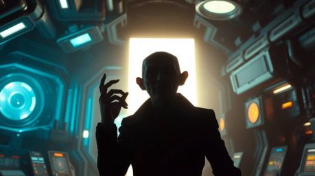A silhouetted figure, backlighting a futuristic sci-fi style villain with exaggerated features, is experiencing a comedic bre
