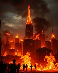 This high-resolution stock photo captures a dramatic scene of a city engulfed in flames with people running in all directions