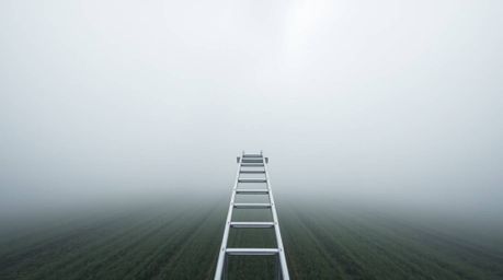 A minimalist scene featuring a silver ladder in an open field under a cloudy sky, surrounded by thick fog and low visibility.