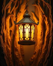 This image depicts a top-down overhead view of a captivating glowing lantern situated in a dark forest. The lantern is skillf