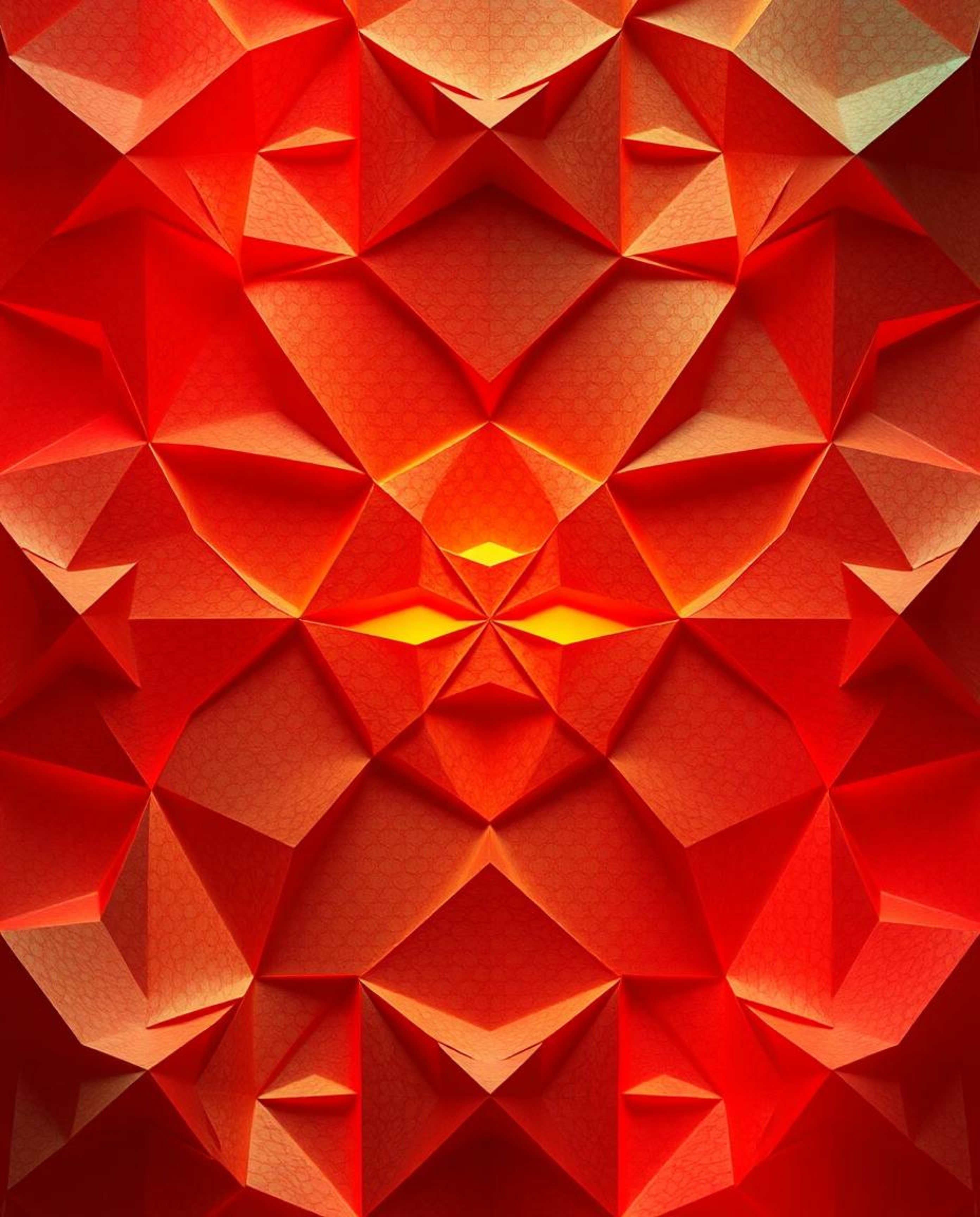 This artwork presents a dramatic, cinematic-style image showcasing an intricate origami-inspired seamless geometric pattern c