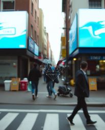 A captivating street photograph showcasing glitched geometric shapes that appear to float seamlessly within an urban landscap