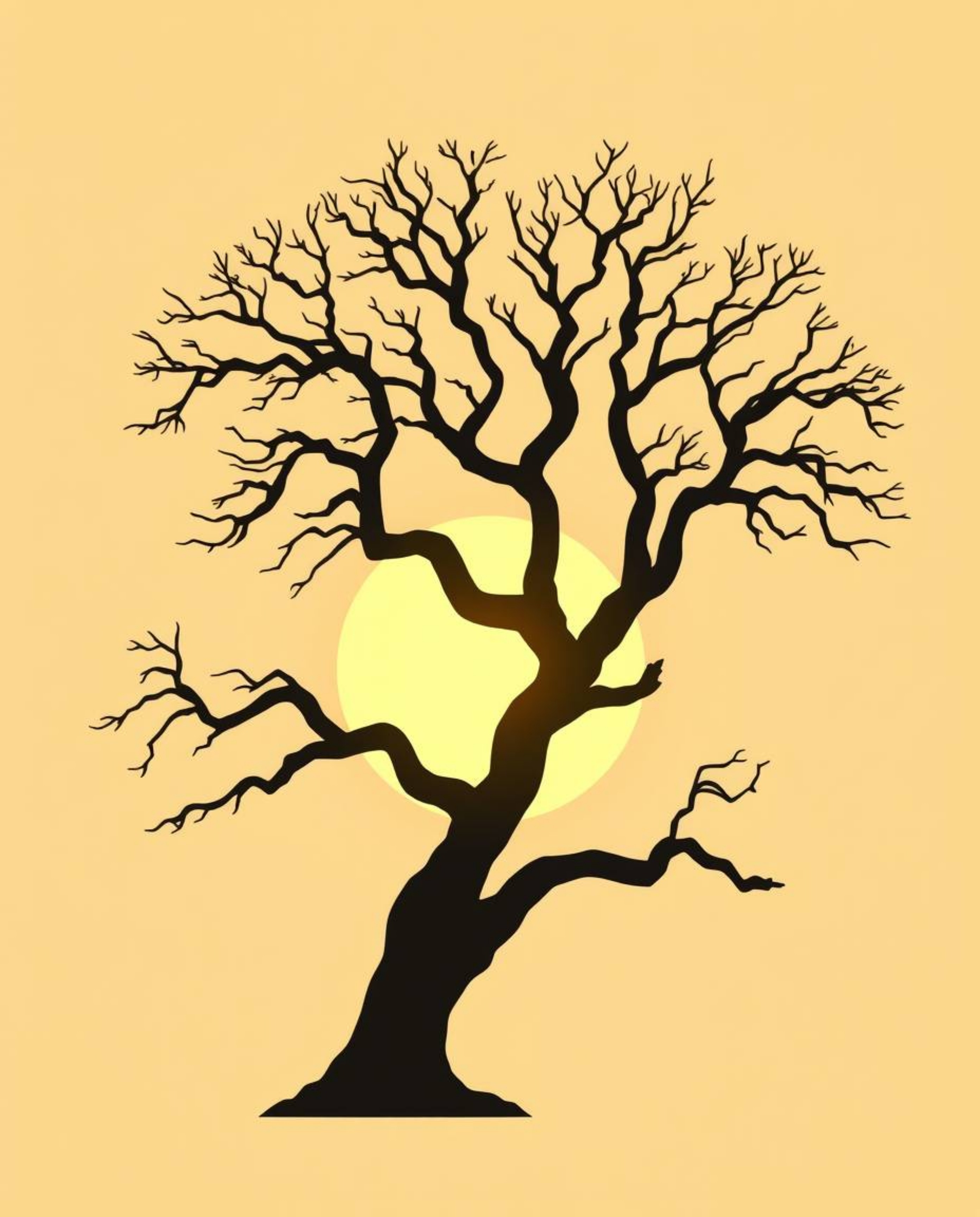 A minimalist, flat design illustration of a sunset behind an old oak tree with twisted branches. The tree is silhouetted agai