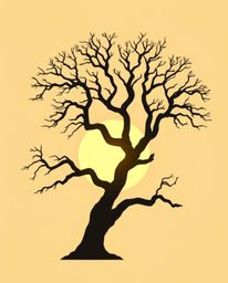 A minimalist, flat design illustration of a sunset behind an old oak tree with twisted branches. The tree is silhouetted agai