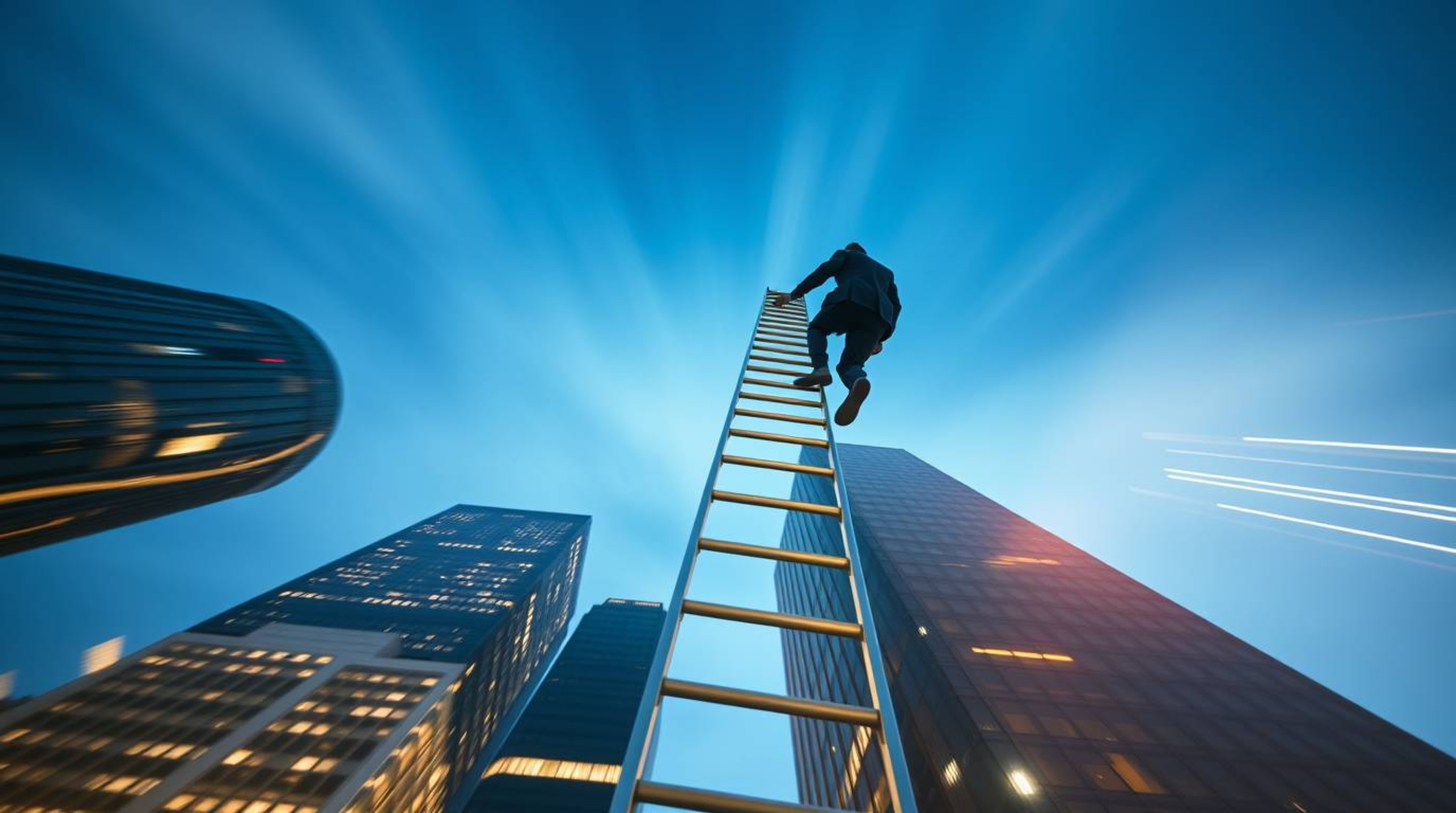This image captures an abstract concept of success, depicting a businessperson climbing a transparent ladder vanishing into t
