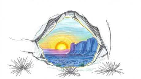 A captivating hand-drawn sketch depicting a cool-toned desert sunset viewed through a majestic rock arch.  The artwork utiliz