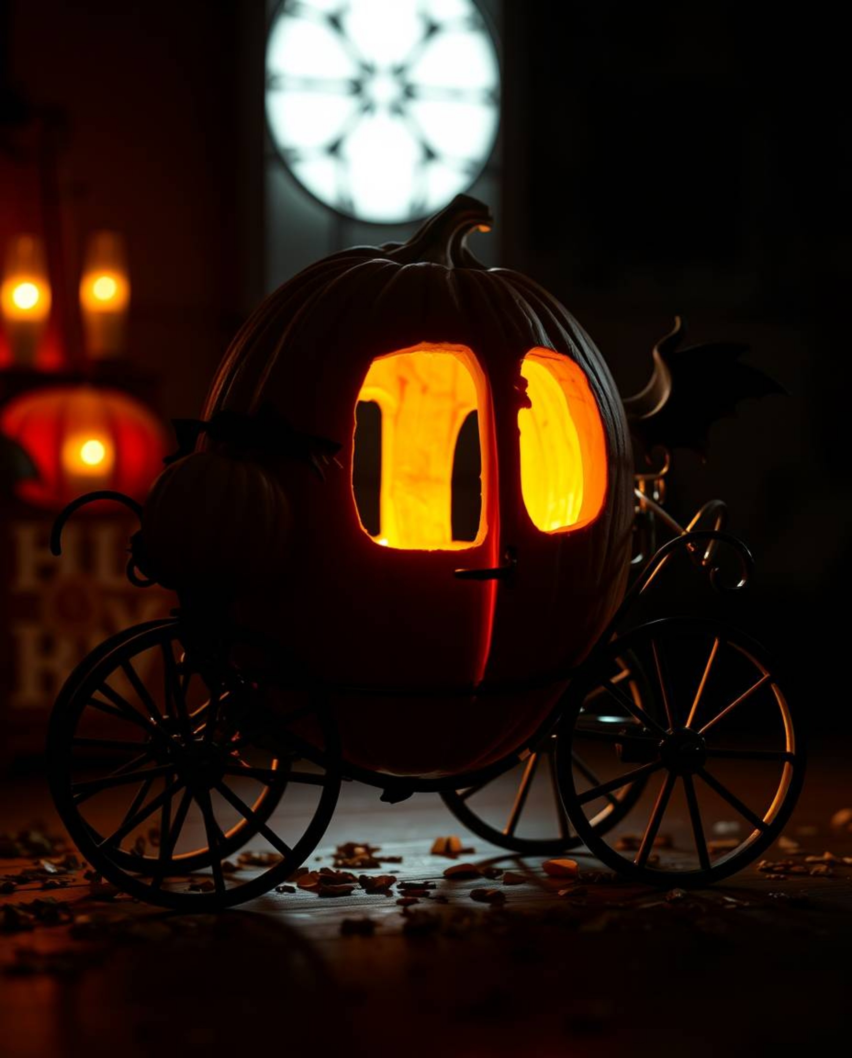 A professional fine art photograph depicting a magical pumpkin transforming into a carriage, utilizing chiaroscuro lighting t