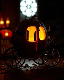 A professional fine art photograph depicting a magical pumpkin transforming into a carriage, utilizing chiaroscuro lighting t