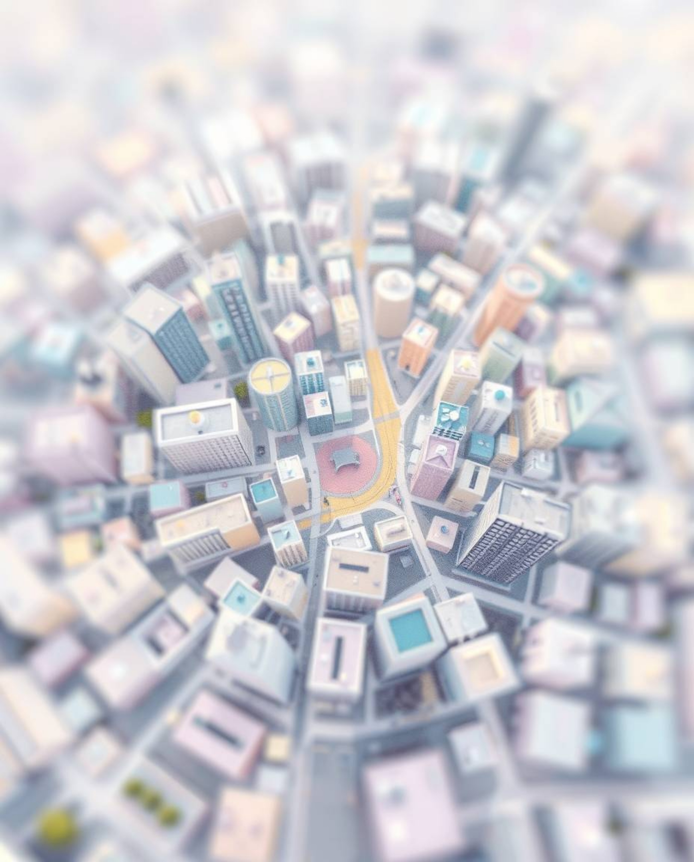 A captivating pastel painting depicts an abstract city map composed of geometric shapes, viewed from a top-down perspective. 
