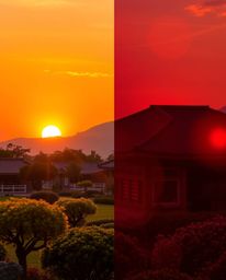 Experience a vibrant sunset over a serene Zen garden, uniquely depicted in a dynamic split-screen style. This composition fea