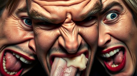 A sophisticated and elegant close-up shot captures a hilarious gross-out comedy moment.  Exaggerated expressions are the focu