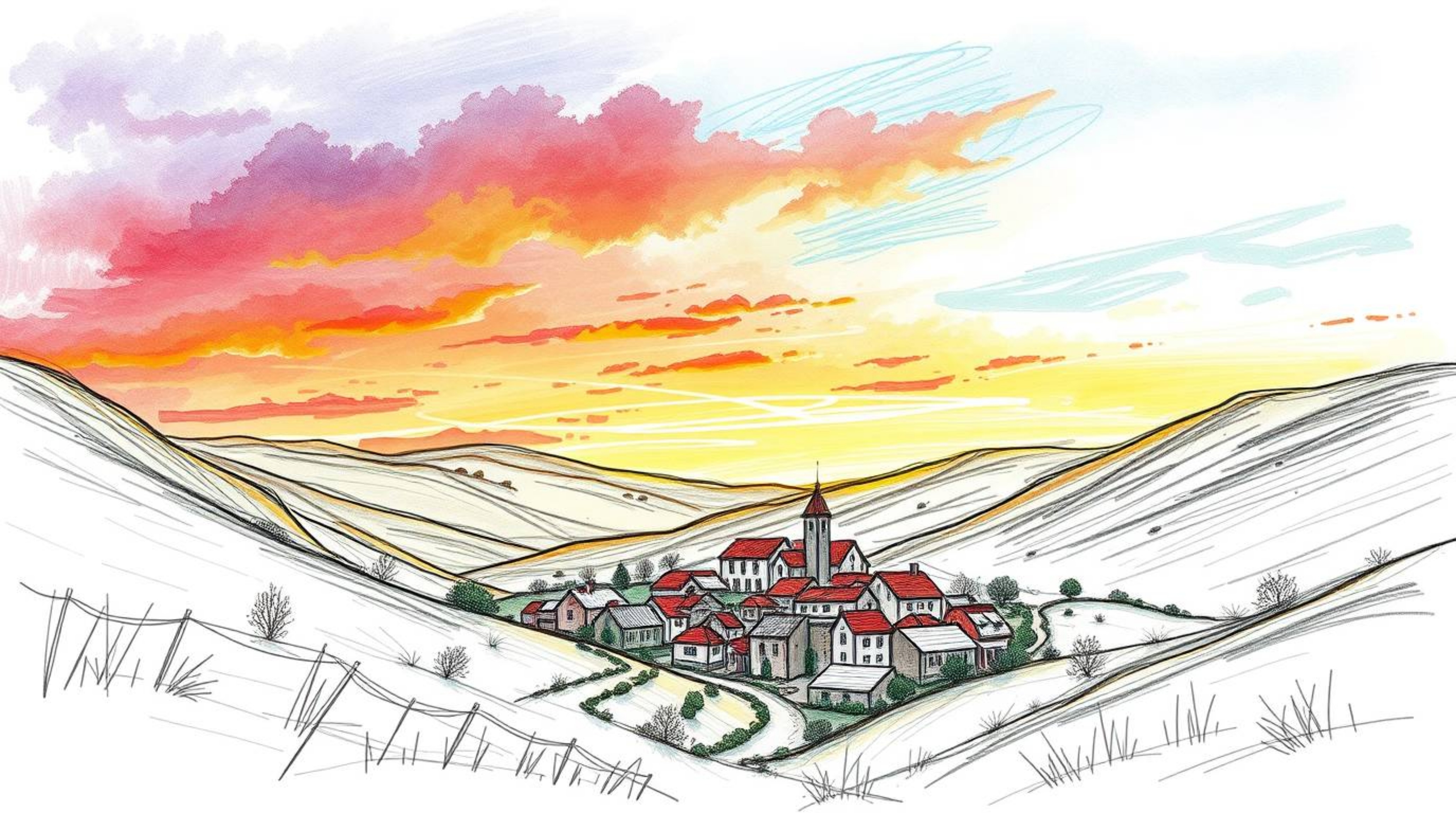 A charming hand-drawn sketch depicts a cozy village nestled in a picturesque valley, bathed in soft, dreamy lighting under a 