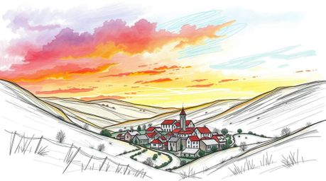 A charming hand-drawn sketch depicts a cozy village nestled in a picturesque valley, bathed in soft, dreamy lighting under a 