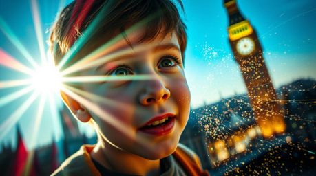 A captivating extreme macro photograph showcases a young boy seemingly flying above London, surrounded by vibrant pixie dust 