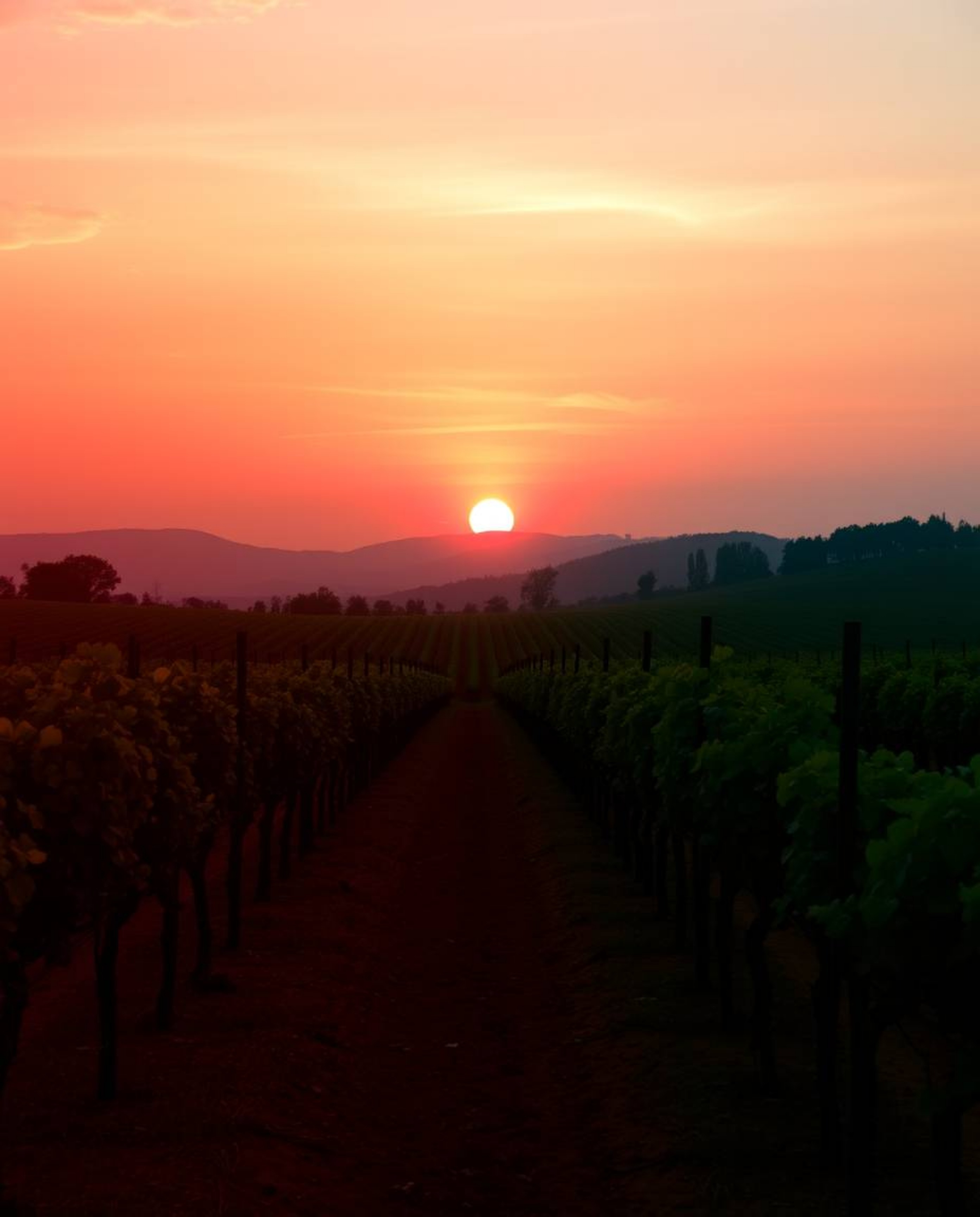 This stunning artwork presents a captivating sunset over a vineyard, defined by a unique and striking color palette. The scen