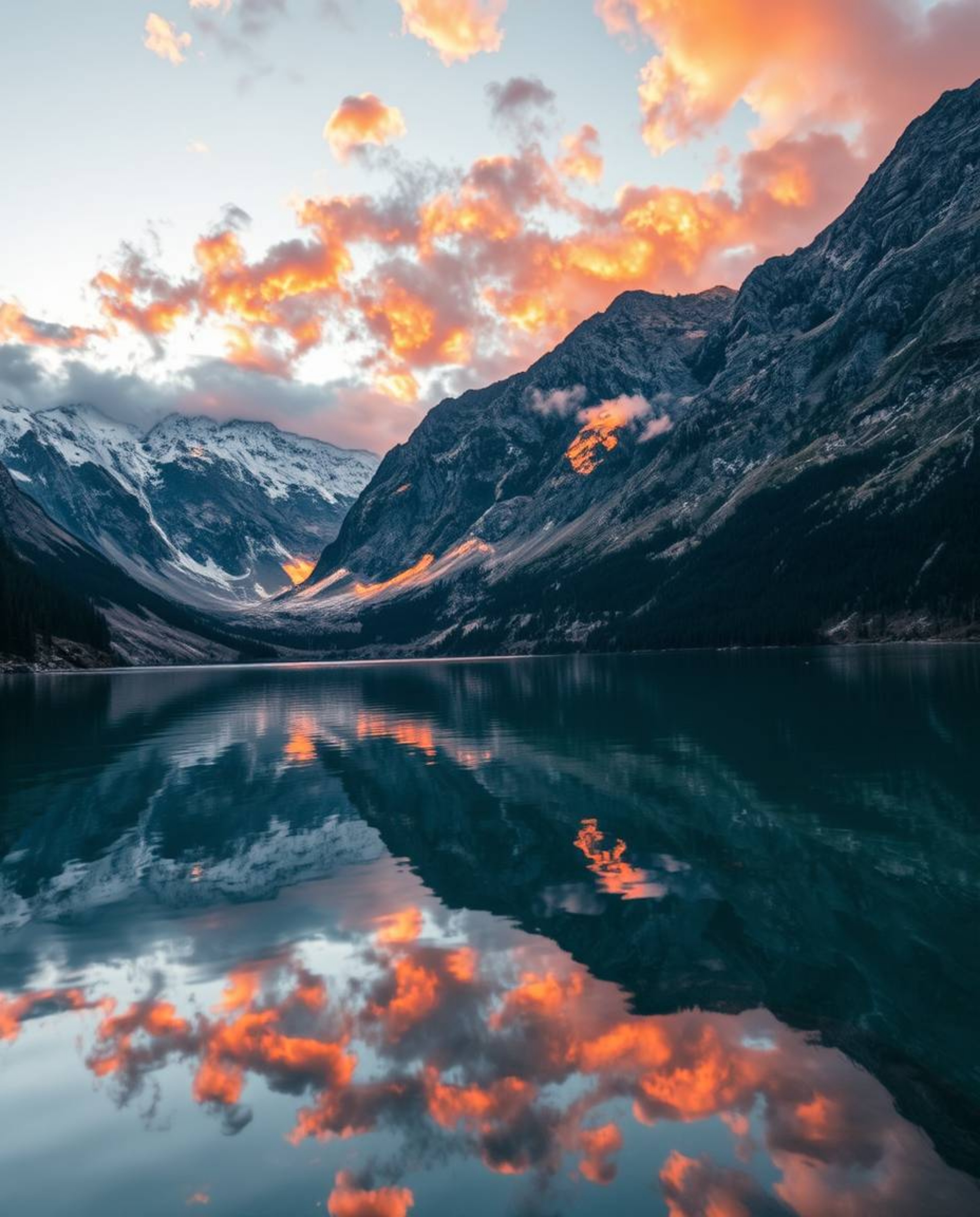 A high-resolution stock photo presents a stunning close-up of fiery cloud reflections in a mountain lake. This commercial-qua