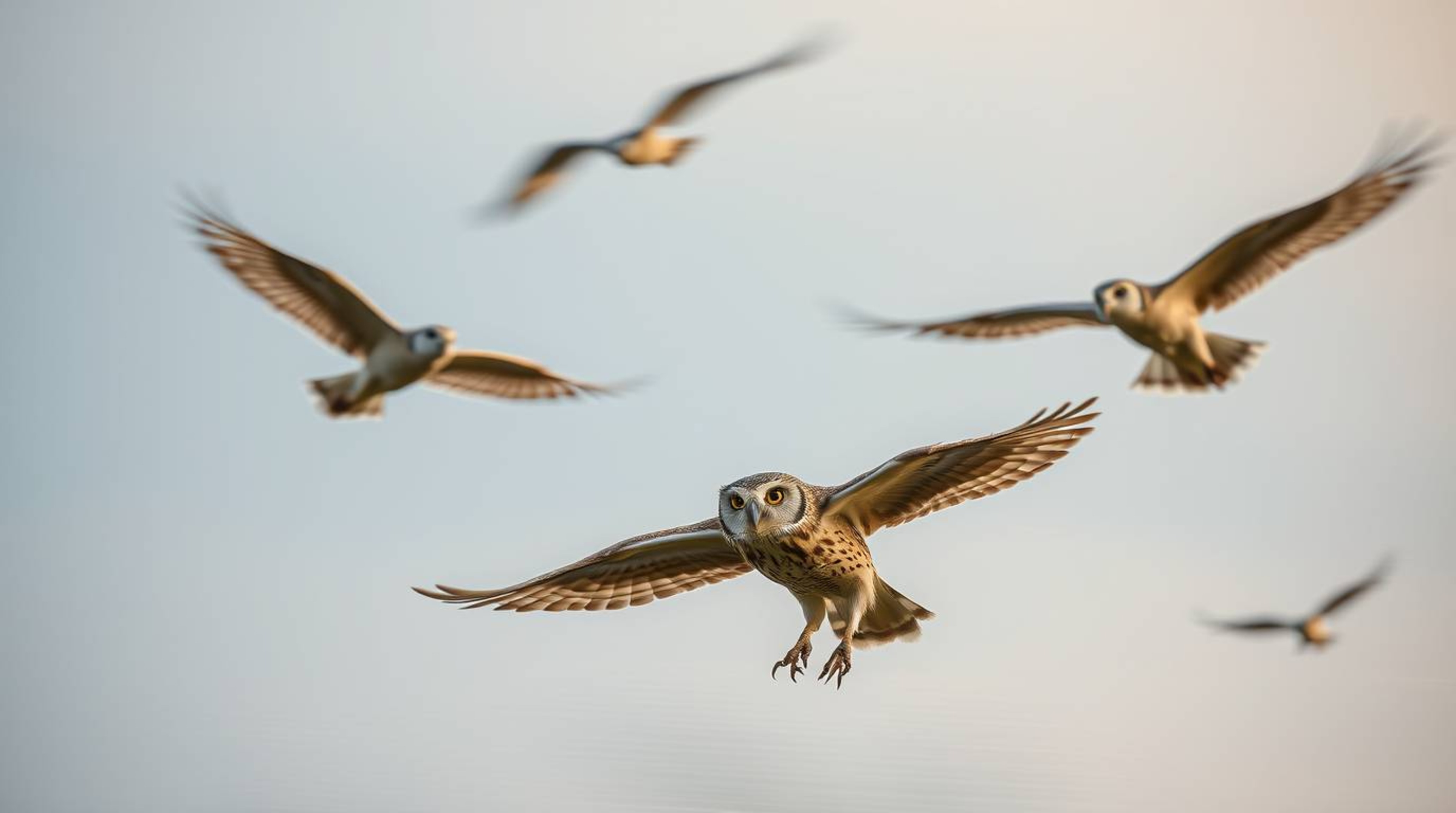 A heartwarming long exposure photograph depicts a blind owl, rendered with Pixar-like charm, patiently teaching birds to fly.