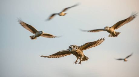 A heartwarming long exposure photograph depicts a blind owl, rendered with Pixar-like charm, patiently teaching birds to fly.