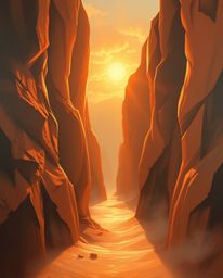An ethereal and spiritual painting captures a sunset illuminating sandstone cliffs in a canyon. The artwork is characterized 