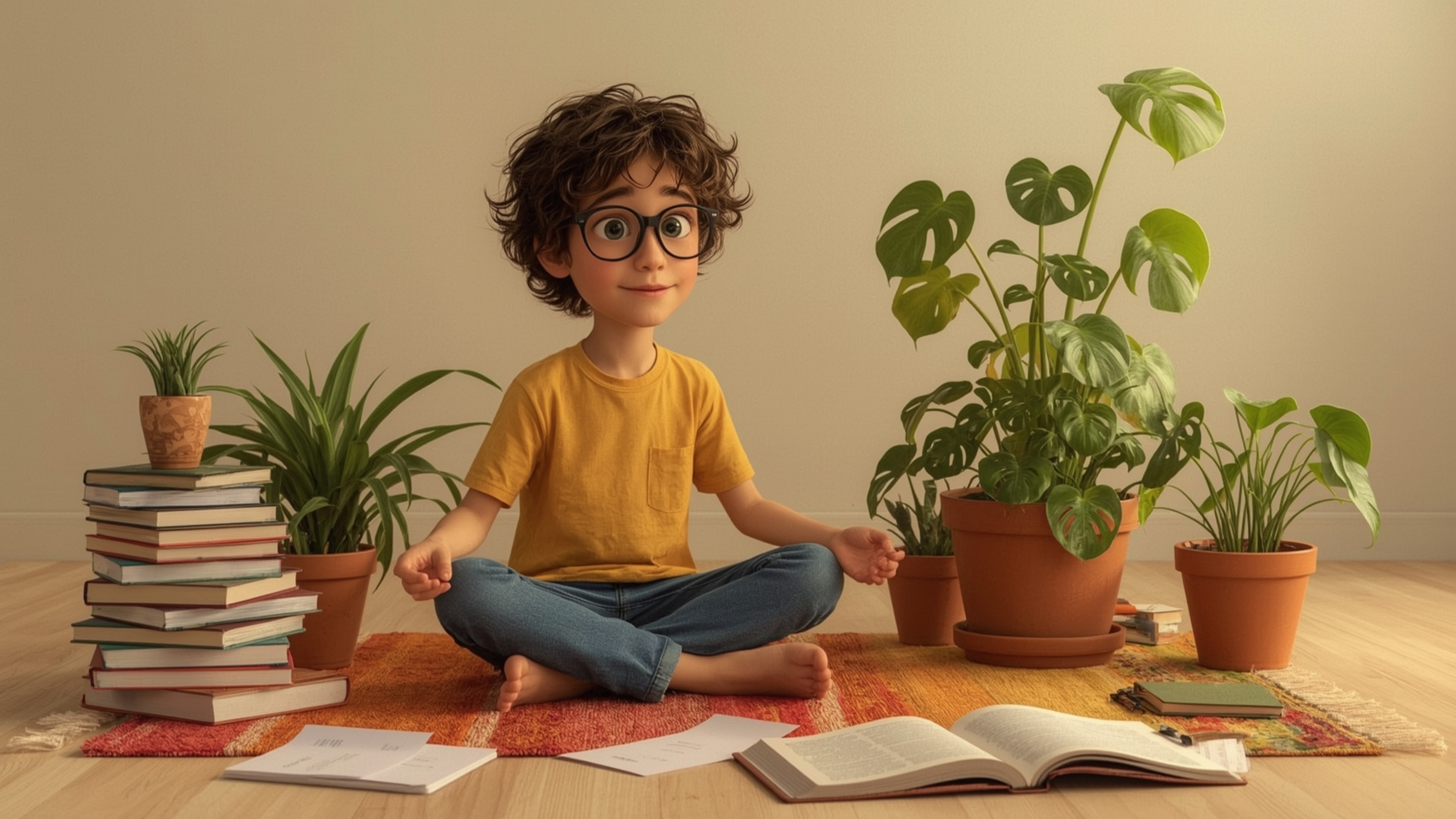 a vibrant, whimsical photograph reminiscent of Pixar's style, featuring a homeschooled genius, a bespectacled adolescent with
