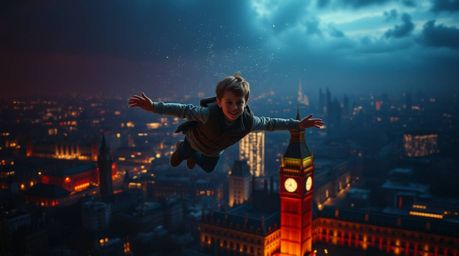 Experience a breathtaking scene of a young boy soaring above London, gracefully dispersing pixie dust, captured in a dramatic