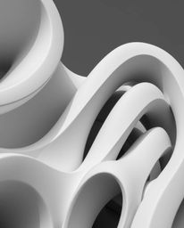 Explore a captivating blend of classic black and white architectural photography interwoven with vibrant 3D fluid shapes and 