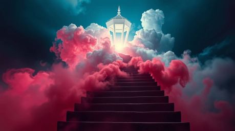 A captivating fine art photograph depicts a winding stairway of smoke and light ascending into a vast, cloudy sky. This surre