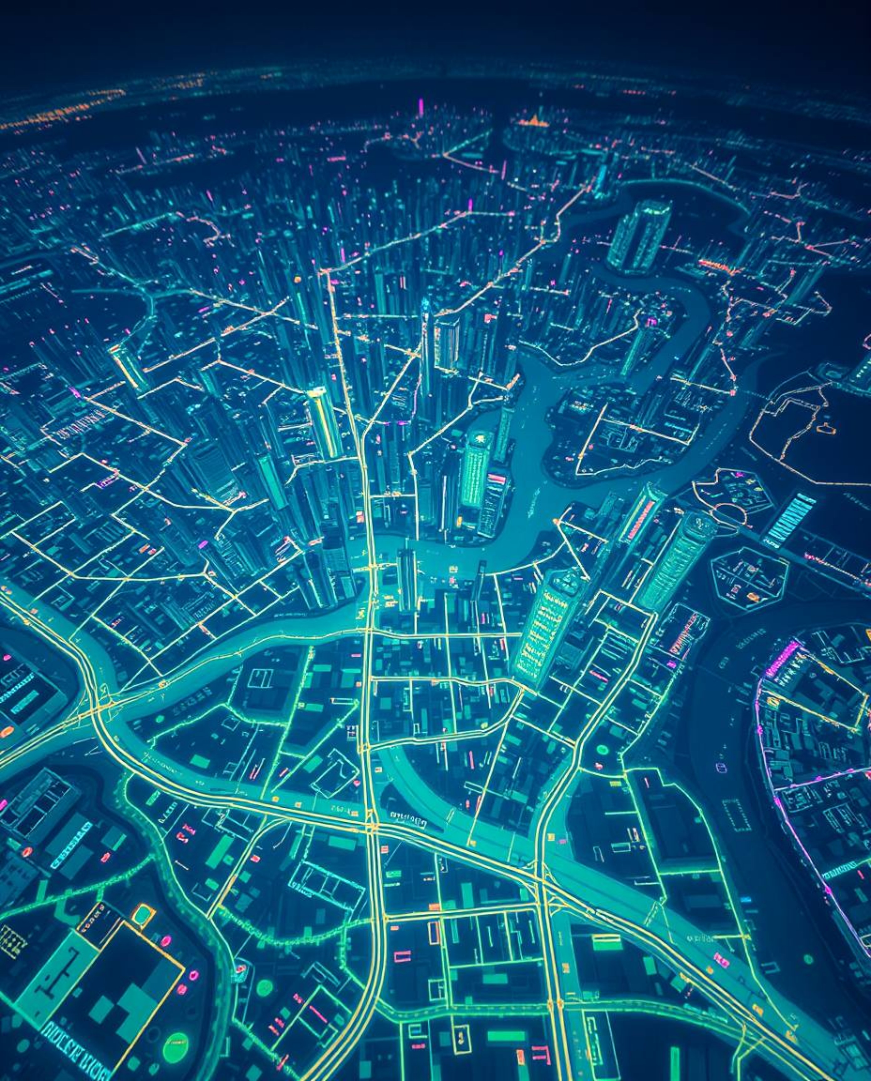 A captivating abstract city map, rendered in a dramatic cinematic style, features geometric shapes illuminated with vibrant b