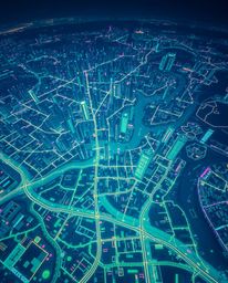 A captivating abstract city map, rendered in a dramatic cinematic style, features geometric shapes illuminated with vibrant b